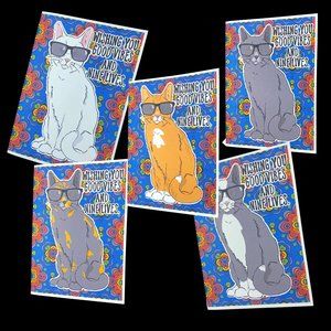 Retro Cat Greeting Card, Handmade Pet Portrait Art Gift 5x7" + Envelope